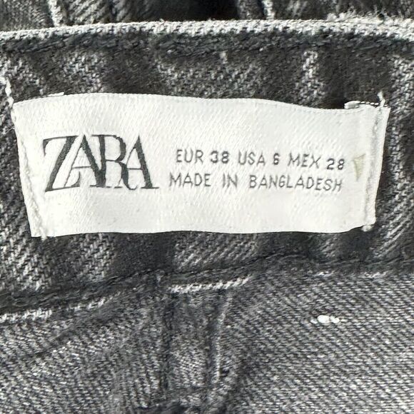 Zara Wide Leg Jeans Womens 6 Faded Black Button Fly Whiskered Straight Raw Hem - Picture 14 of 15
